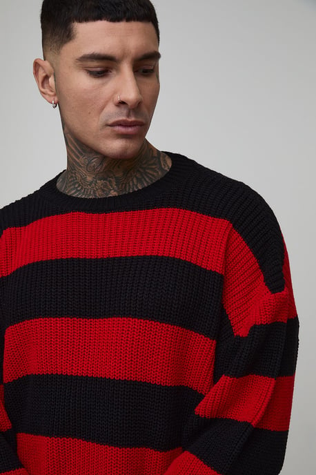 Tall Oversized Boxy Stripe Distressed Knitted Jumper - Image 3