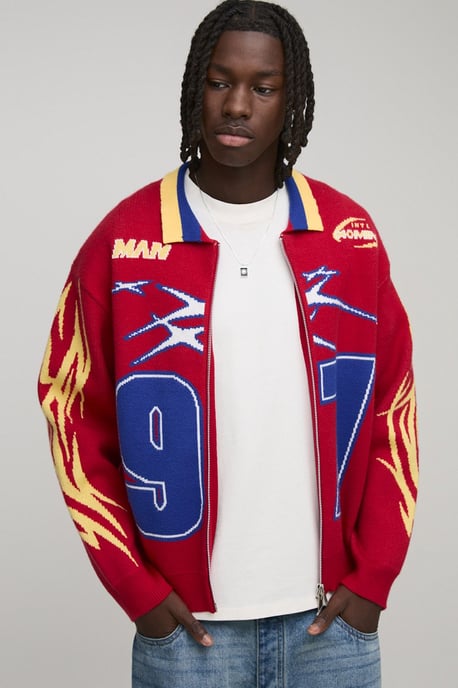 Oversized Boxy Moto Varsity Knitted Harrington Jacket - Image 1