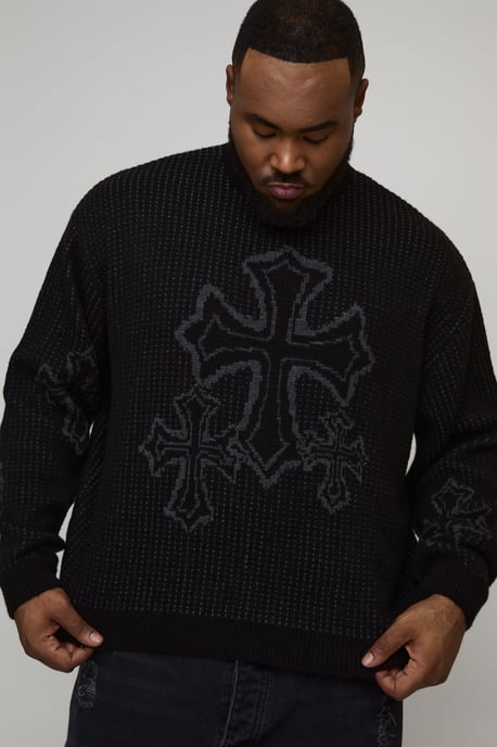Plus Oversized Boxy Fluffy Cross Jacquard Knitted Jumper - Image 1