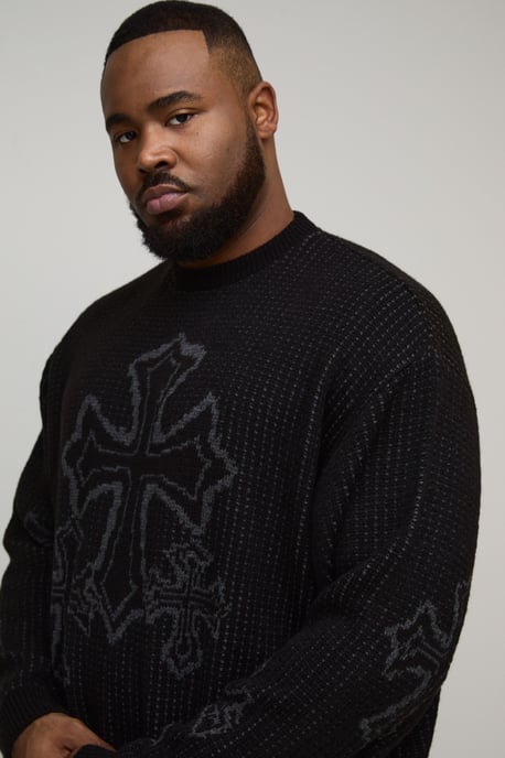 Plus Oversized Boxy Fluffy Cross Jacquard Knitted Jumper - Image 3