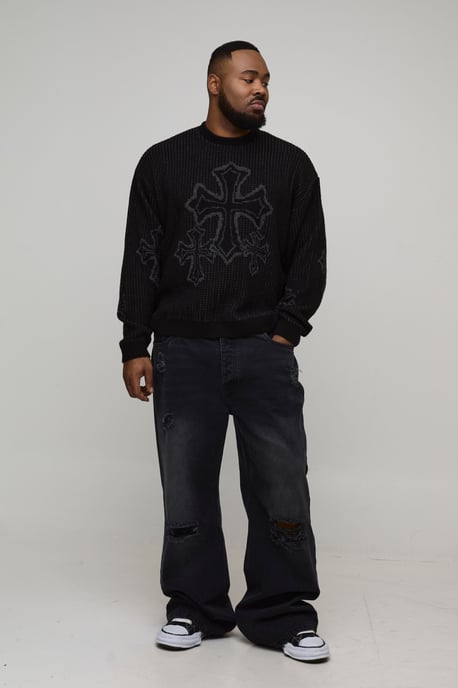 Plus Oversized Boxy Fluffy Cross Jacquard Knitted Jumper - Image 4