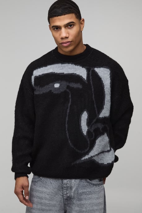 Oversized Boxy Brushed Abstract Face Knitted Jumper - Image 1
