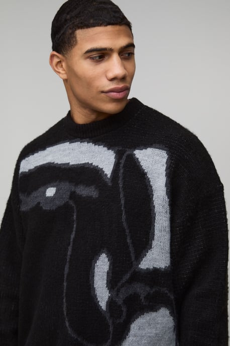 Oversized Boxy Brushed Abstract Face Knitted Jumper - Image 3