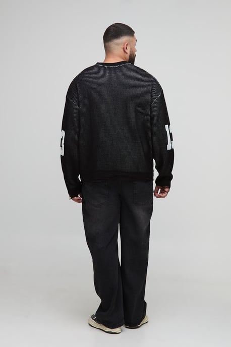 Plus Ribbed Knit Oversized Distressed Varsity Jumper - Image 2
