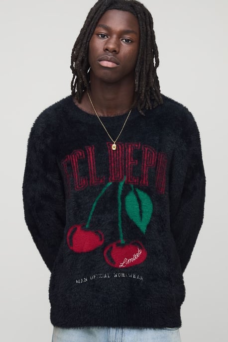 Regular Fit Extreme Fluffy Cherry Graphic Knitted Jumper - Image 1