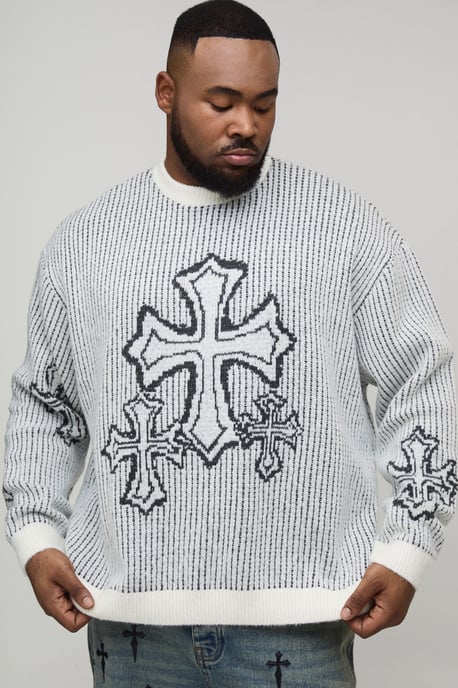 Plus Oversized Boxy Fluffy Cross Jacquard Knitted Jumper - Image 1