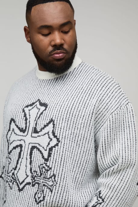 Plus Oversized Boxy Fluffy Cross Jacquard Knitted Jumper - Image 3