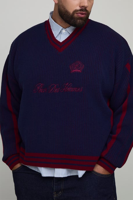 Plus Oversized Knitted Embroidered V Neck Football Top - Image 1