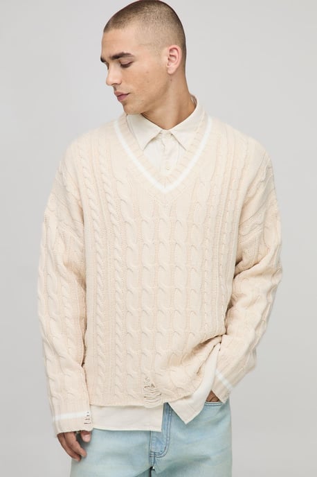 Boxy V Neck Cable Distressed Hem Knitted Jumper - Image 1