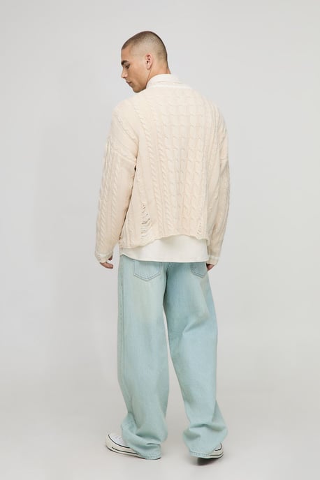 Boxy V Neck Cable Distressed Hem Knitted Jumper - Image 2