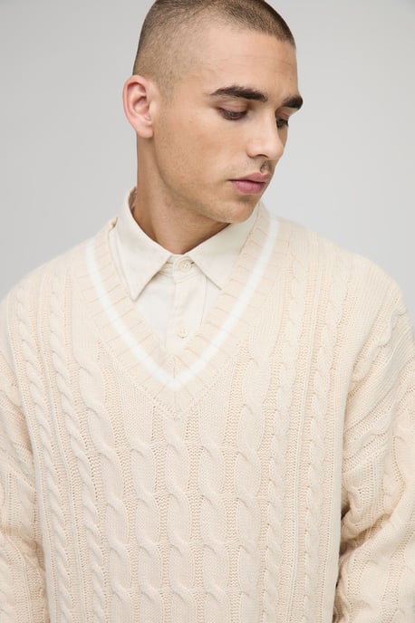 Boxy V Neck Cable Distressed Hem Knitted Jumper - Image 3