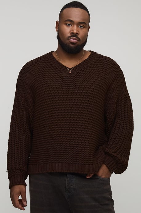 Plus Chunky Knit Oversized V Neck Jumper - Image 1