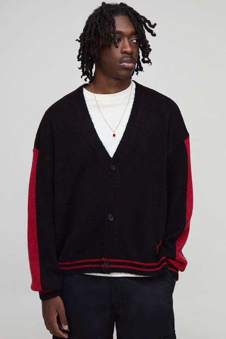 Relaxed Boxy Moto Fluffy Jacquard Knitted Cardigan - Image 1