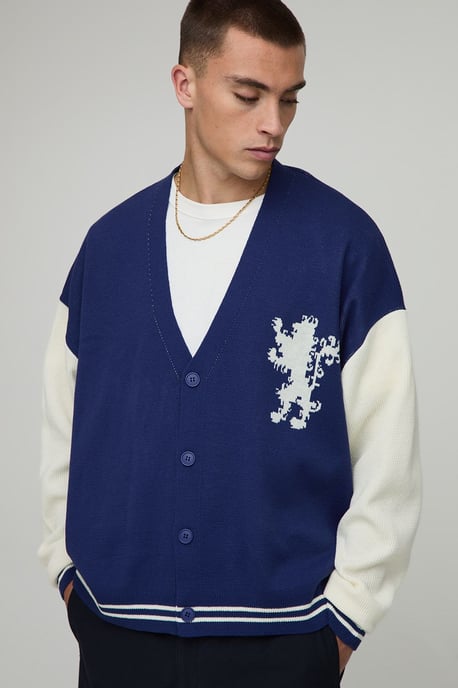 Oversized Varsity Jacquard Knitted Cardigan - Image 3