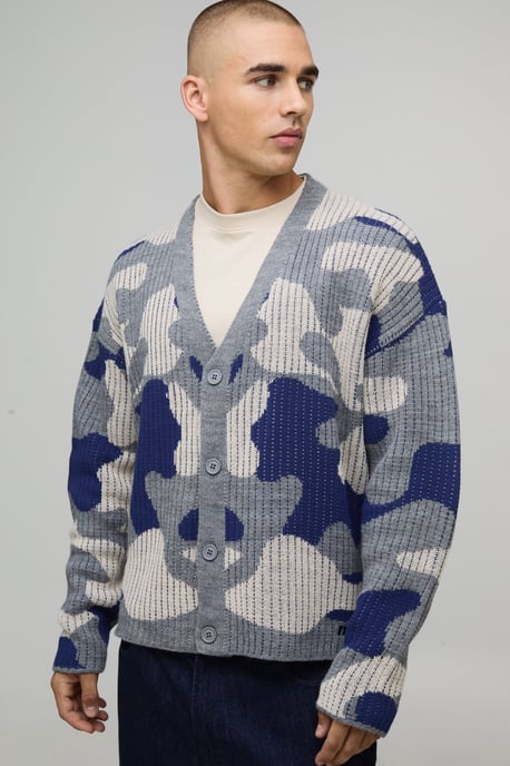 Oversized Boxy Ribbed Camo Knitted Cardigan - Image 1