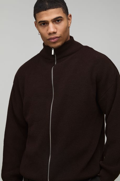 Relaxed Fit Ribbed Funnel Zip Thru Knitted Jumper - Image 3