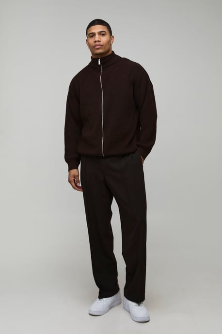Relaxed Fit Ribbed Funnel Zip Thru Knitted Jumper - Image 4