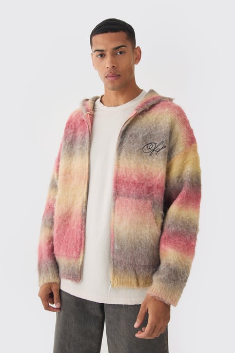 Oversized Boxy OFCL Brushed Ombre Stripe Knitted Zip Through Hoodie - Image 1
