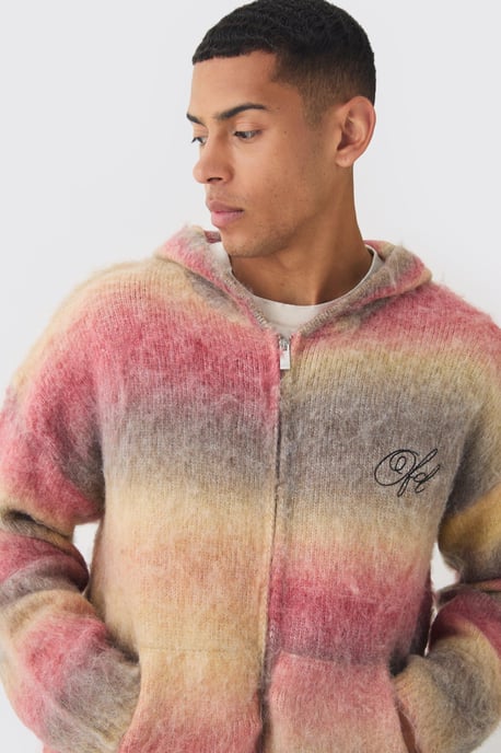 Oversized Boxy OFCL Brushed Ombre Stripe Knitted Zip Through Hoodie - Image 3