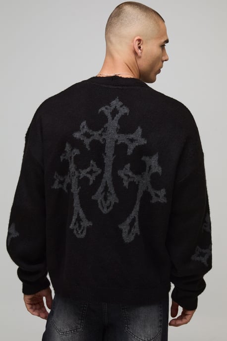 Relaxed Boxy Brushed Gothic Cross Knitted Cardigan - Image 1