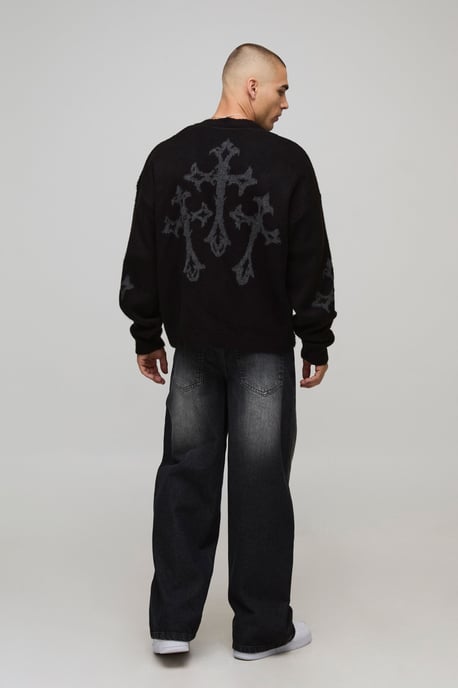 Relaxed Boxy Brushed Gothic Cross Knitted Cardigan - Image 2