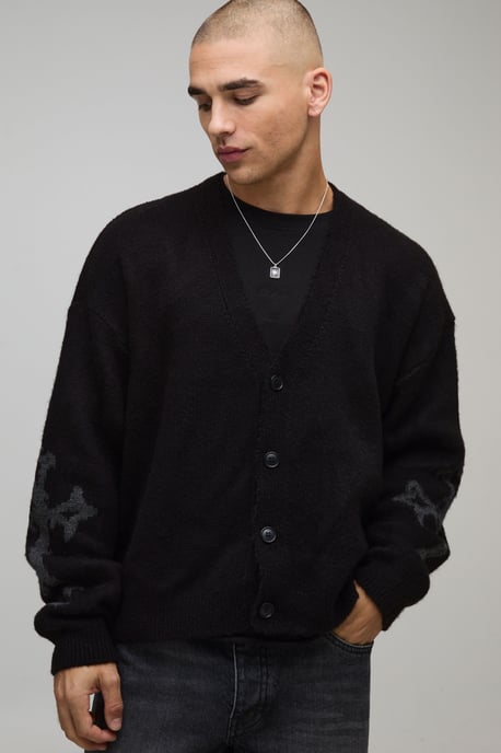 Relaxed Boxy Brushed Gothic Cross Knitted Cardigan - Image 3