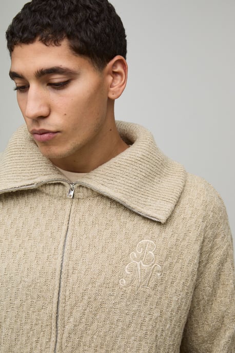Regular Fit 1/4 Zip Funnel Neck Embroidered Knitted Sweatshirt - Image 3