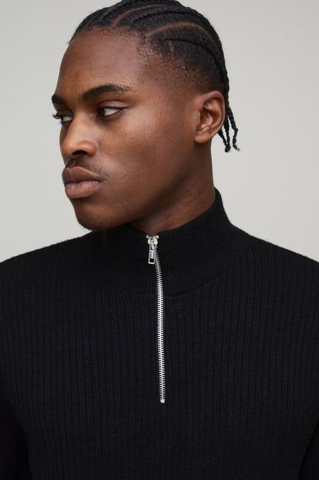 Regular Fit Ribbed 1/4 Zip Funnel Neck Jumper - Image 3