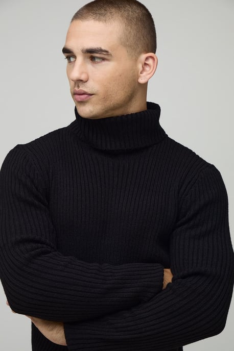 Muscle Fit Ribbed Roll Neck Knitted Jumper - Image 3