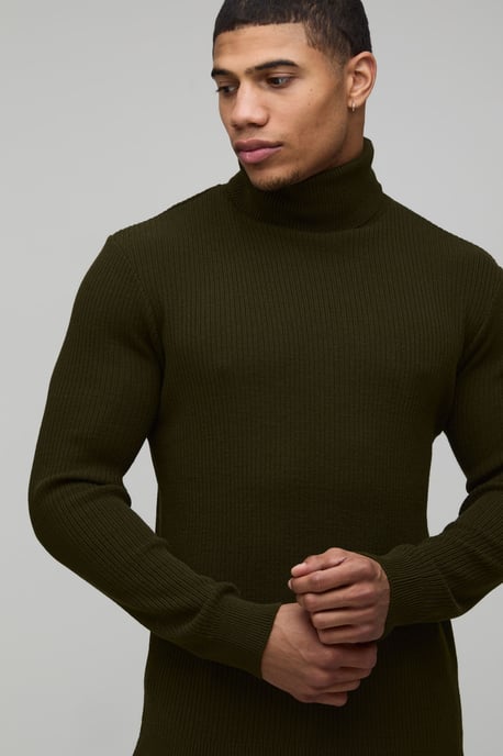 Muscle Fit Ribbed Roll Neck Knitted Jumper - Image 3
