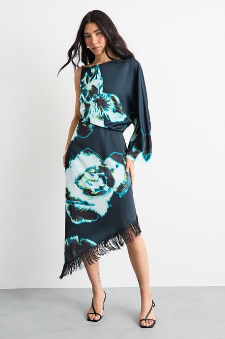 Placement Print One Shoulder Satin Midi Dress - Image 1