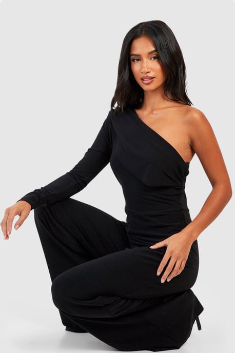 Petite Premium Slinky Shoulder Pad One Sleeve Jumpsuit - Image 3