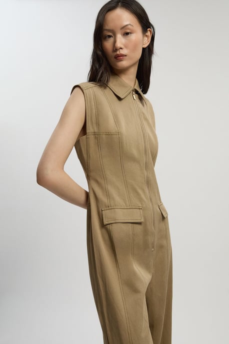 Tencel Cotton Contrast Stitch Zip Front Woven Jumpsuit - Image 2