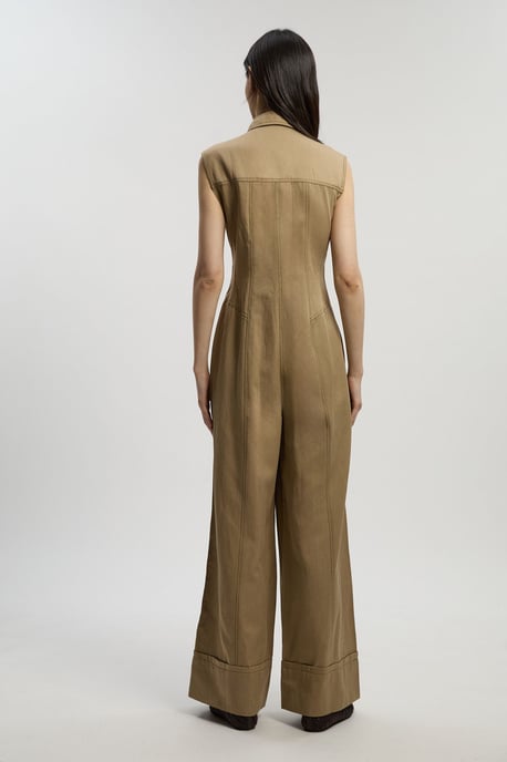 Tencel Cotton Contrast Stitch Zip Front Woven Jumpsuit - Image 4