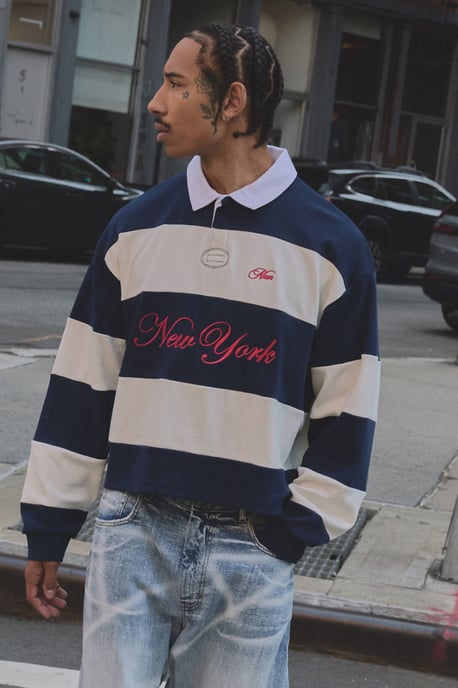 Oversized Shrunken Boxy New York Embroidered Stripe Rugby Polo - Image 1