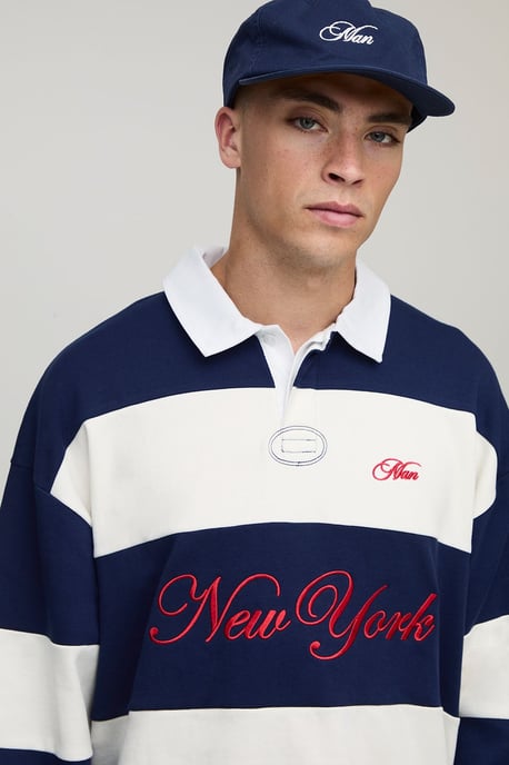 Oversized Shrunken Boxy New York Embroidered Stripe Rugby Polo - Image 3
