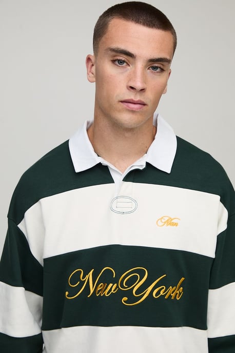 Oversized Shrunken Boxy New York Embroidered Stripe Rugby Polo - Image 3