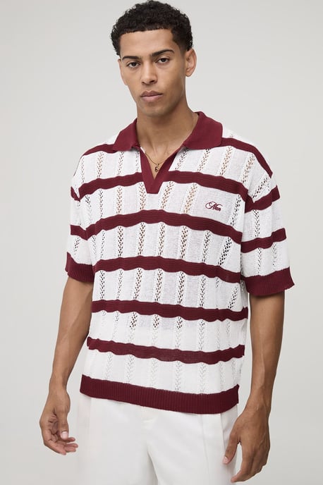 MAN Embroidered Oversized Boxy Herringbone Stripe Knitted Polo - Image 1