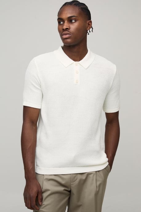 Regular Fit Button Neck Waffle Knitted Polo - Image 1