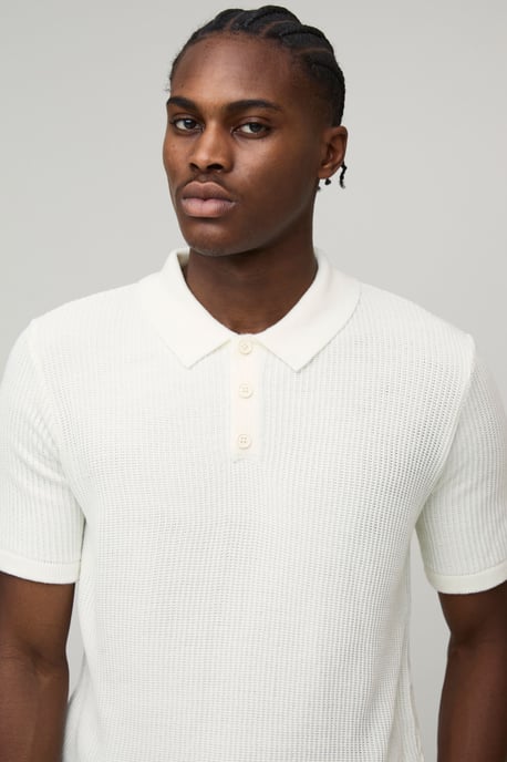 Regular Fit Button Neck Waffle Knitted Polo - Image 3