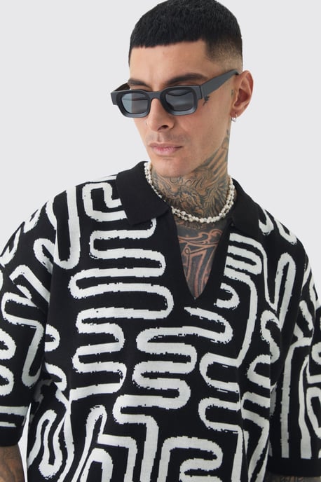 Tall Boxy Oversized Abstract Knit Polo - Image 3