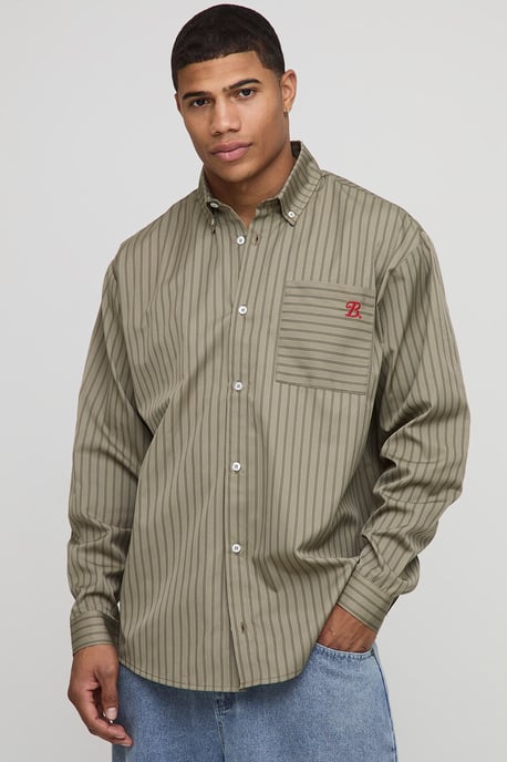 Oversized Long Sleeve Striped Curved Hem Shirt - Image 1