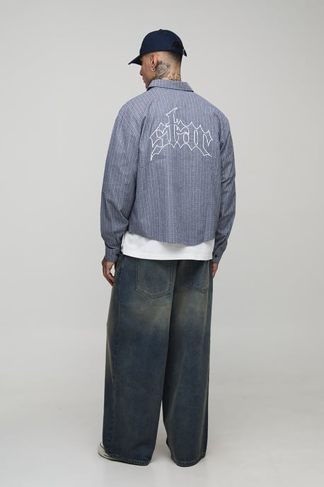 Tall Oversized Boxy Embroidered Micro Check Shirt - Image 2