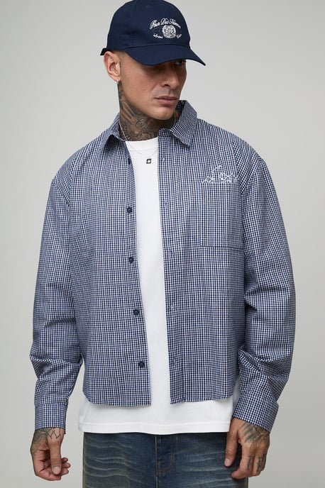 Tall Oversized Boxy Embroidered Micro Check Shirt - Image 3