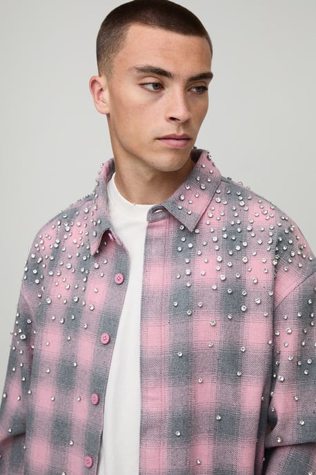 Oversized Jewel Embellished Heavyweight Check Shirt - Image 3