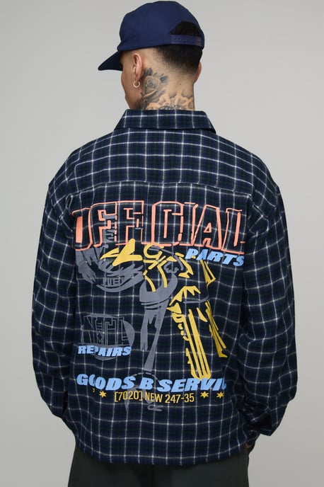 Tall Oversized Moto Back Print Checked Shirt - Image 1