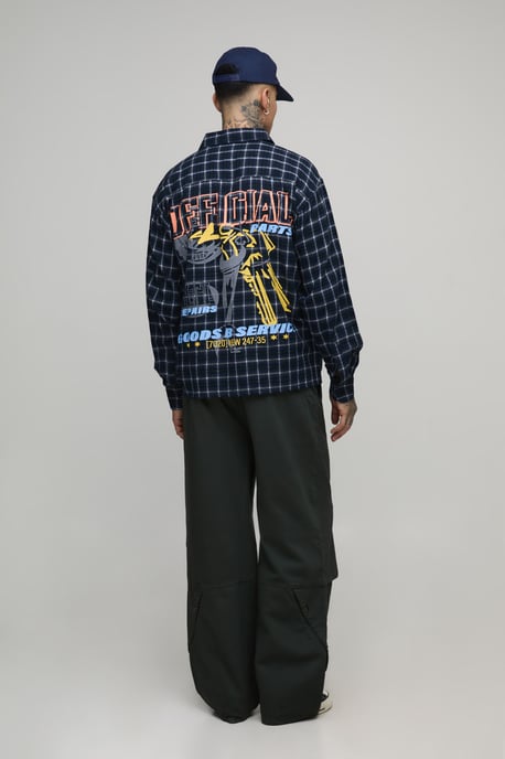 Tall Oversized Moto Back Print Checked Shirt - Image 2
