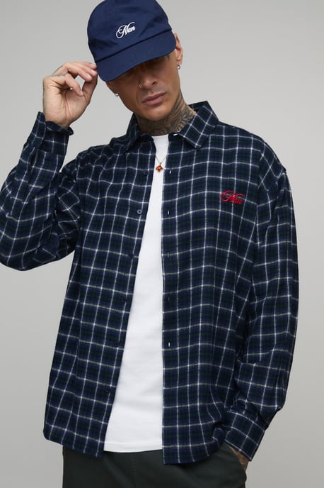 Tall Oversized Moto Back Print Checked Shirt - Image 3