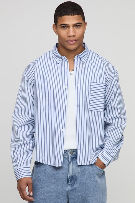Oversized Boxy Stripe Long Sleeve Curved Hem Shirt - Image 1