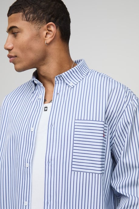 Oversized Boxy Stripe Long Sleeve Curved Hem Shirt - Image 3